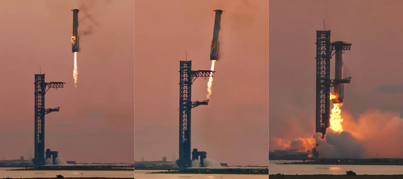 Booster 12 comes home in three frames: the descent, the landing burn and the catch, 13 October 2024.