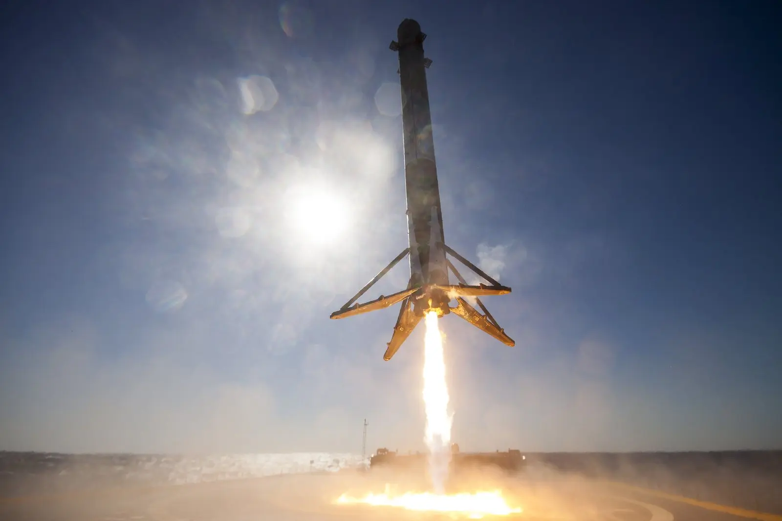 A Falcon 9 first stage lands on the drone ship Of Course I Still Love You after launching the CRS-8 cargo mission, 8 April 2016.