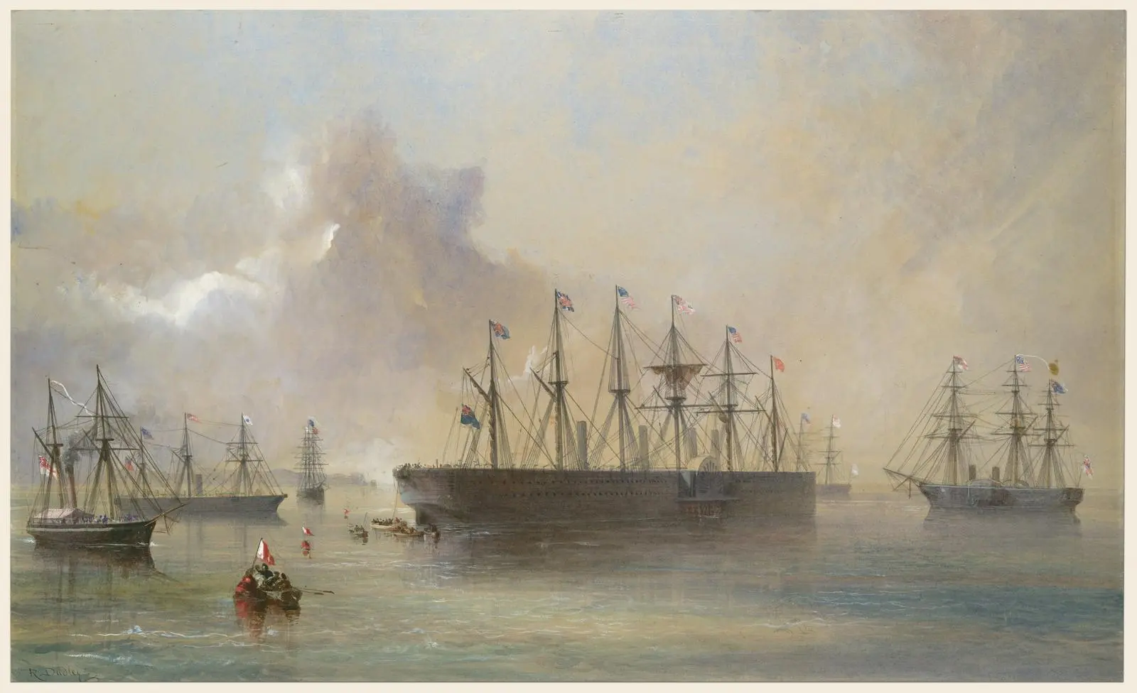 The 1866 Atlantic cable fleet, led by the giant Great Eastern, gathers off the coast of Ireland. Watercolor by Robert Charles Dudley.