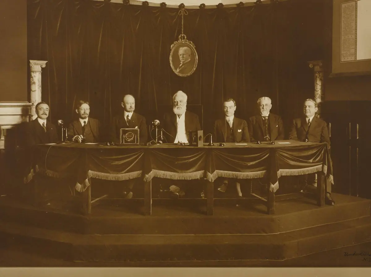 Bell, center, at AT&T’s New York offices on 25 January 1915, opening the first transcontinental telephone line with a call to Watson in San Francisco.