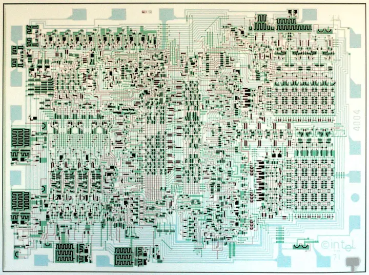 The chip layout of the Intel 4004 of 1971, the first microprocessor, with 2,300 transistors
