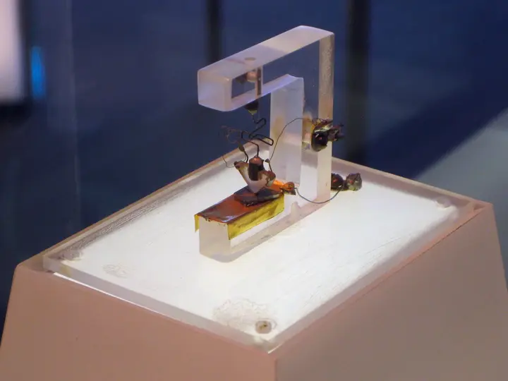 The first point-contact transistor (Bell Labs, 1947), on display