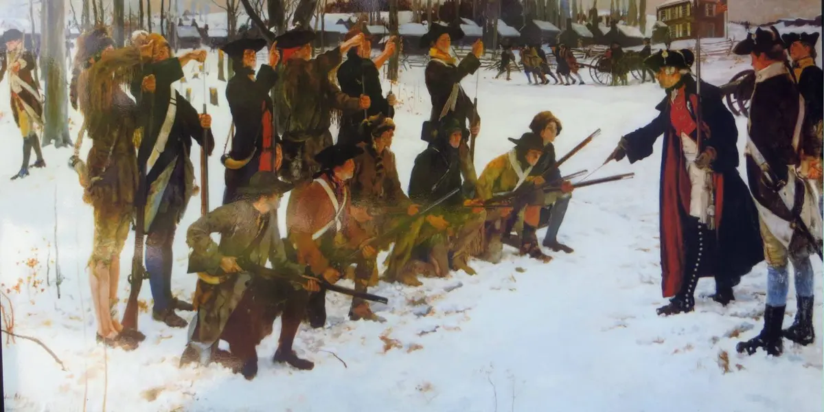 Baron von Steuben drills American troops in the snow at Valley Forge (Edwin Austin Abbey).