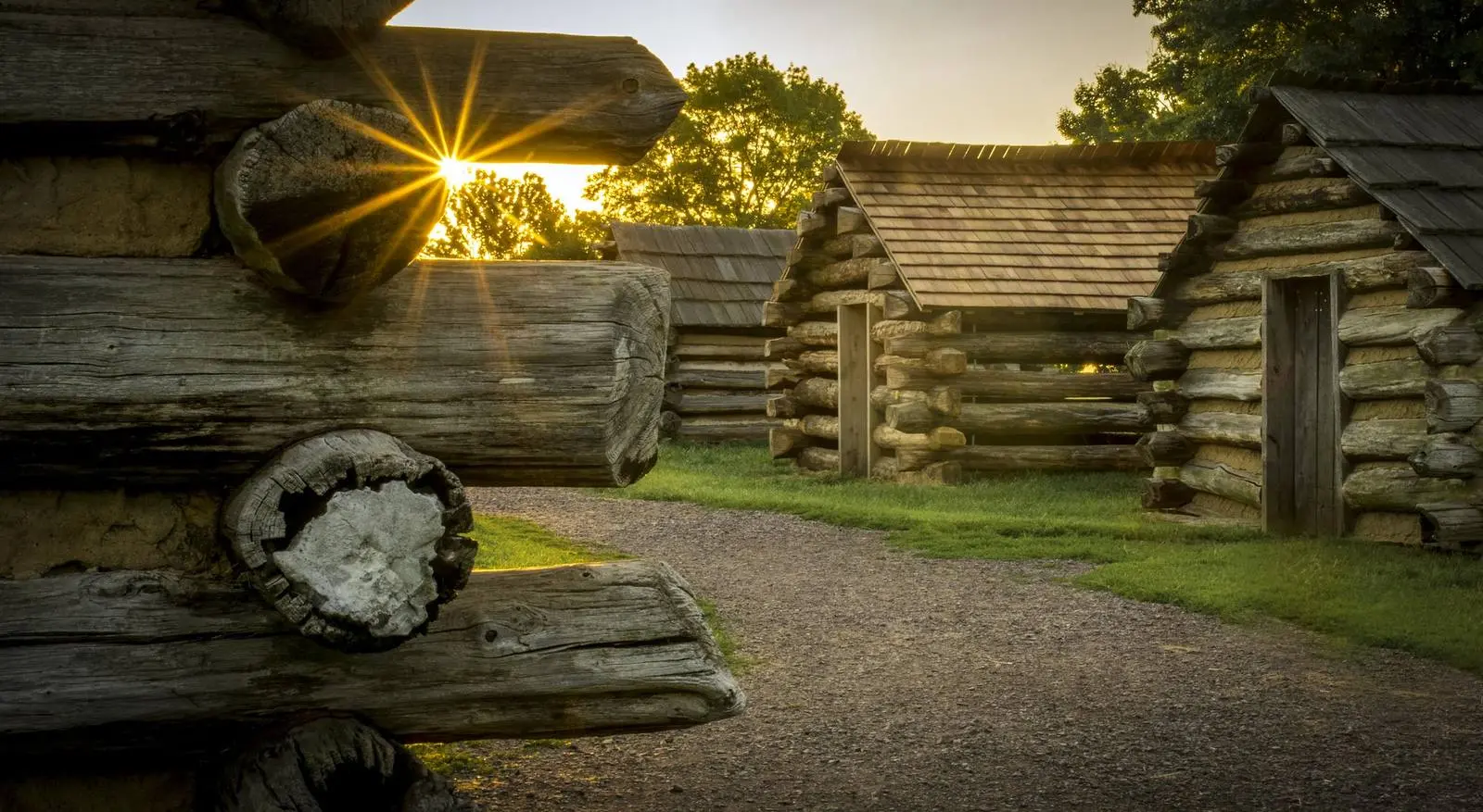 Sunrise over the reconstructed huts of Muhlenberg’s brigade, Valley Forge National Historical Park.