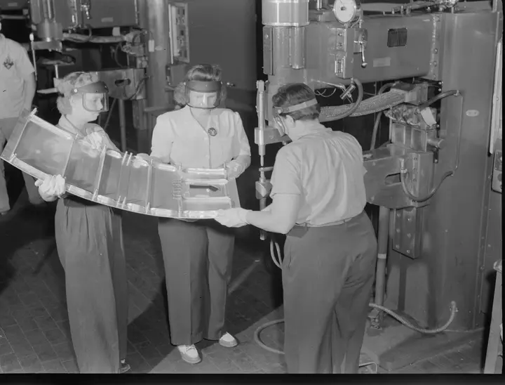 Women spot-weld parts for a bomber’s engine nacelle in the giant plant at Willow Run, July 1942