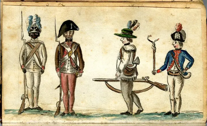 Soldiers at the siege, sketched in 1781 by a French officer: a Black soldier of the 1st Rhode Island Regiment, a Continental infantryman, a frontier rifleman and a French officer.